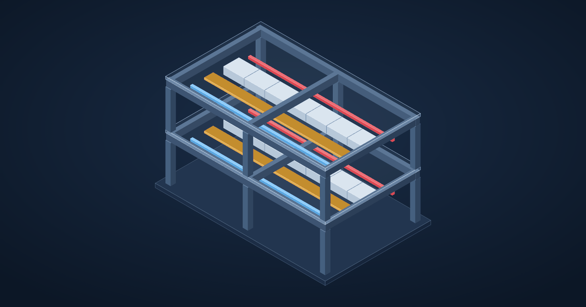 3D model of a two-storey concrete frame with ducts, cable trays, sprinkler mains and chilled water pipes modelled in every ceiling void