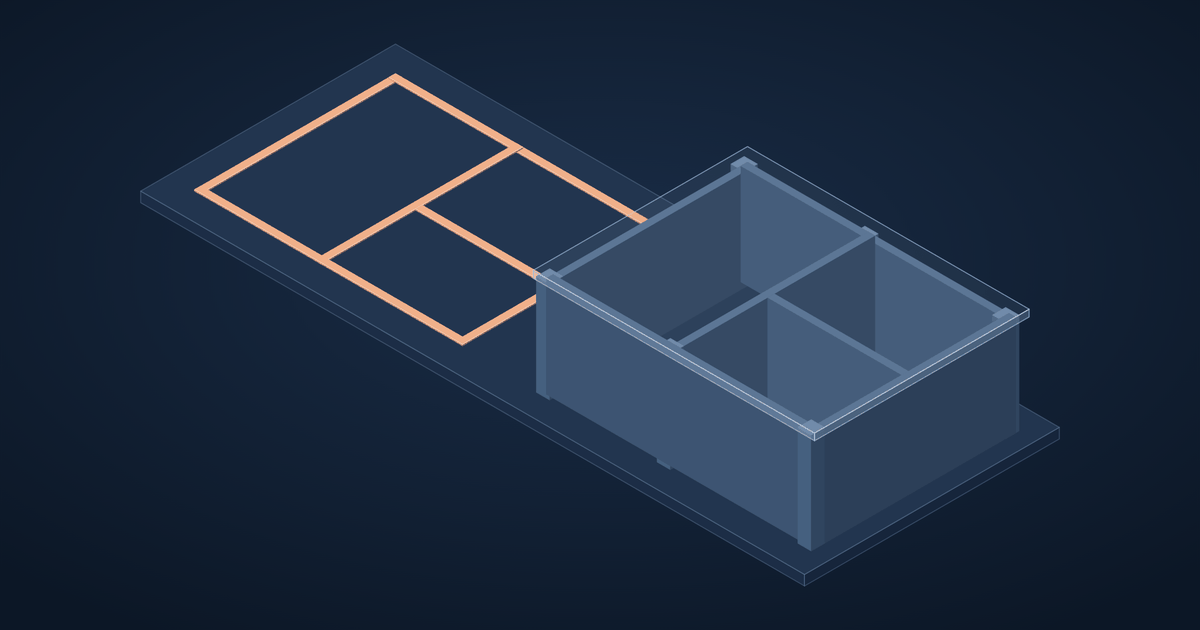 3D model showing a 2D floor plan on the left and the same plan extruded into a Revit building model with walls, columns and a slab on the right