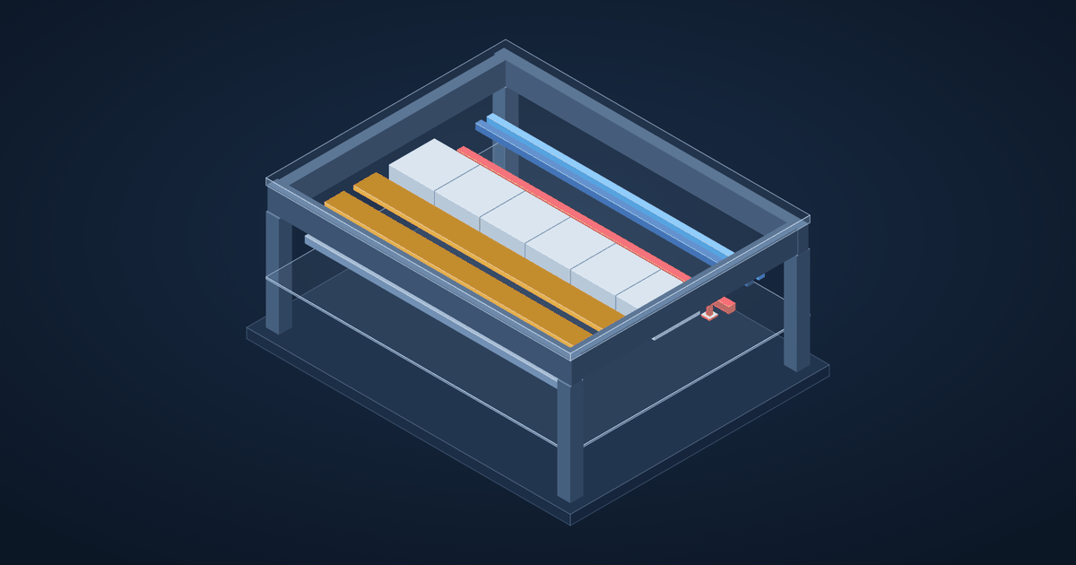 3D model of a coordinated ceiling void with an HVAC duct, two cable trays, a sprinkler main and chilled water pipes stacked below a concrete beam