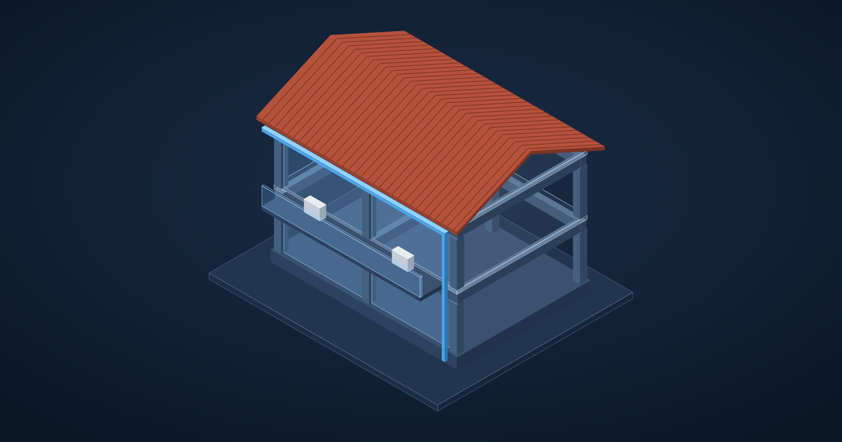 3D model of a two-storey RCC villa in Goa on a raised plinth, with a pitched tiled roof, deep overhangs, gutter and downpipe, and a balcony with AC units