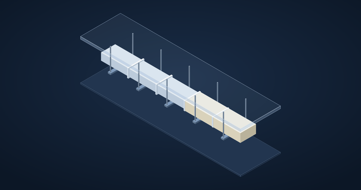 3D model of a fabricated supply duct run with flanged joints, hanger rods, support channels and an insulated section