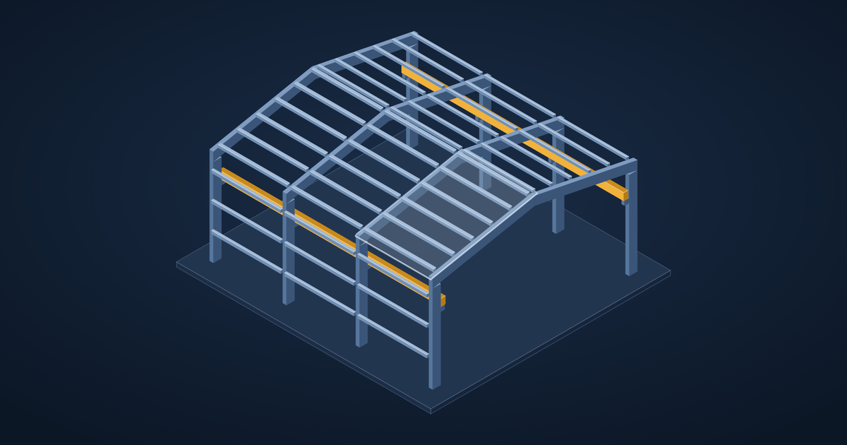 3D model of a pre-engineered steel building: portal frames, roof purlins, wall girts, crane runway beams and part of the roof sheeting