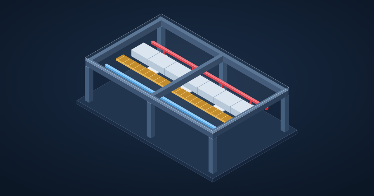 3D BIM model of a coordinated ceiling void: concrete frame with HVAC supply duct and diffusers, cable tray, fire sprinkler main and chilled water pipes